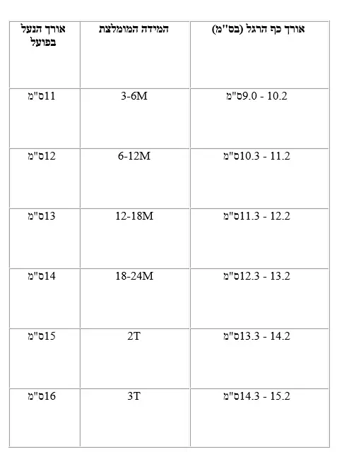 טבלת המידות